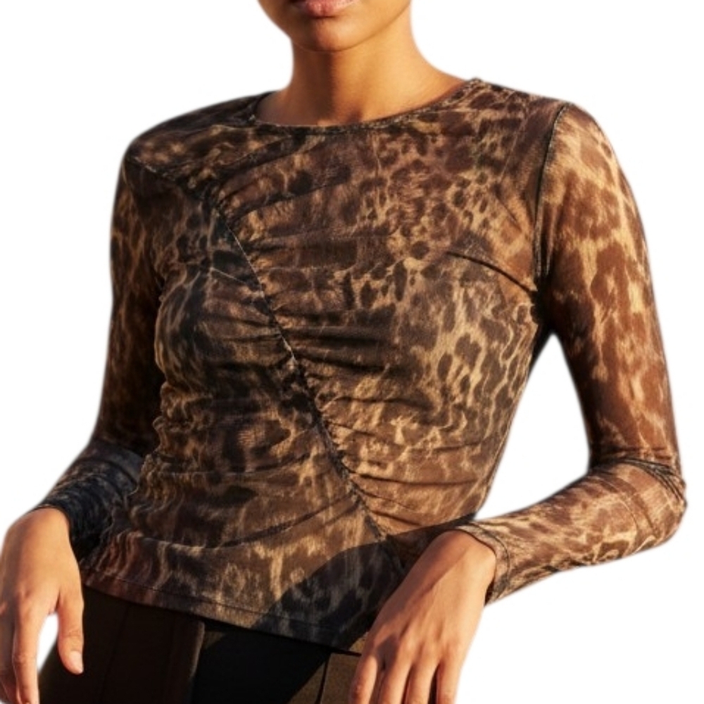 NWT- AllSaints Brown Leopard-Print Long Sleeve Top